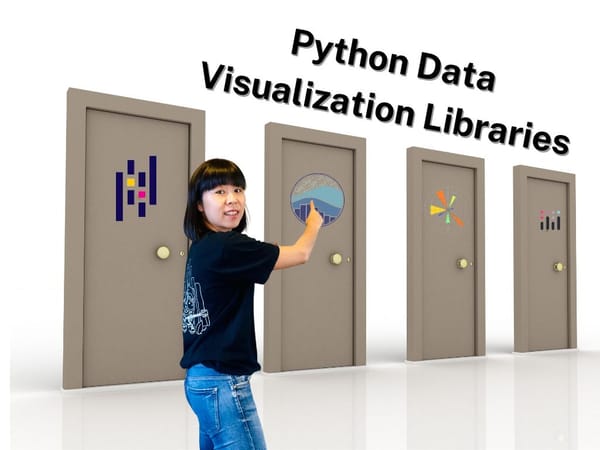 There are four doors, each with a logo of Python Data Visualization Library. Danni Liu is picking at the Seaborn door.