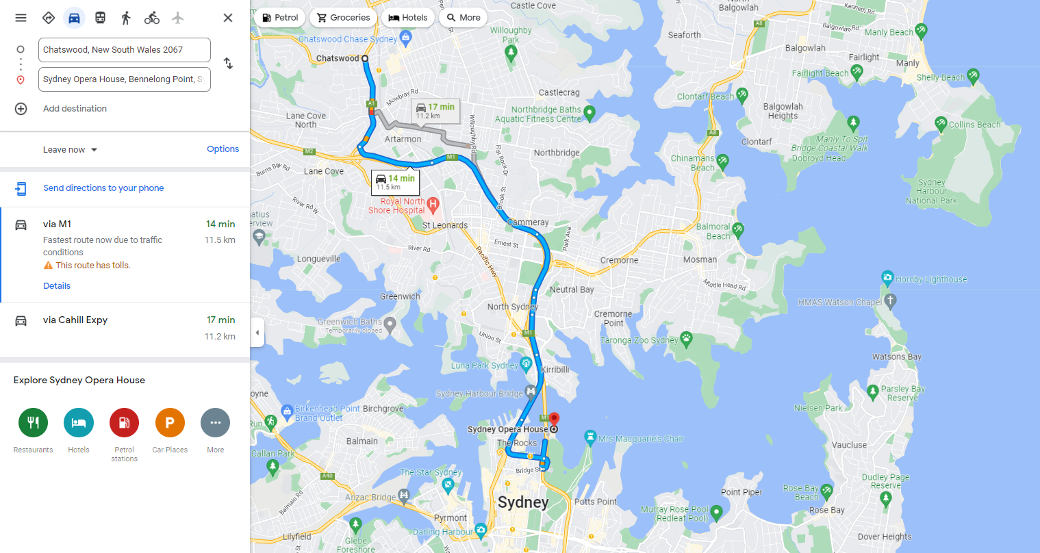 Google-Maps, Chatswood to Sydney Opera House
